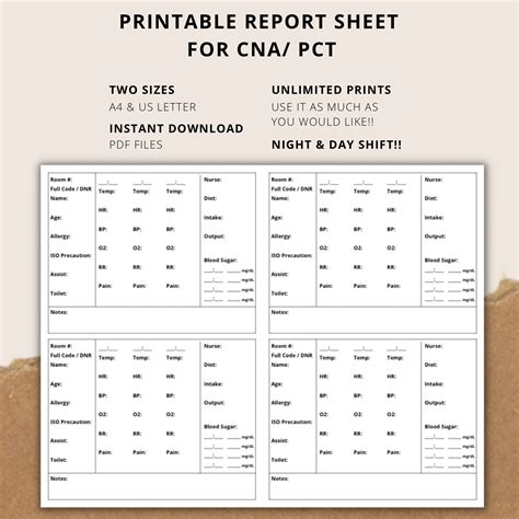 PCT CNA Report Sheet Printable BRAIN Sheet Med Surg Template Etsy