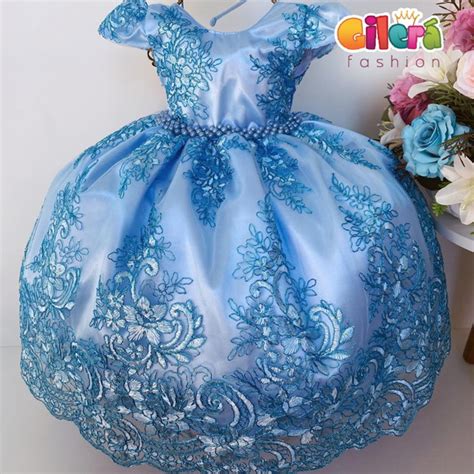 Vestido Infantil Festa Luxo Realeza Azul Renda Cinderela No Elo7