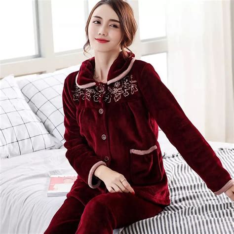 autumn winter warm pajamas sets for women thick flannel coral long sleeve female pajama pyjamas