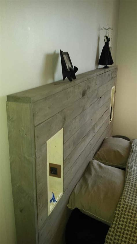 This diy pallet furniture piece comes with a decorative mantelpiece to display. My Pallet Headboard With Lights & Electric Outlet ...