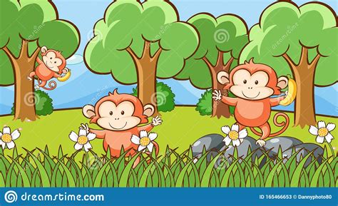Scene With Three Monkeys In Forest Stock Vector Illustration Of