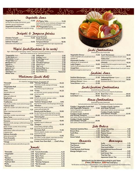 Sushi Thai at The Park menu in Clifton Park, New York, USA