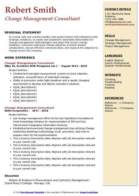 Change Management Consultant Resume Samples Qwikresume