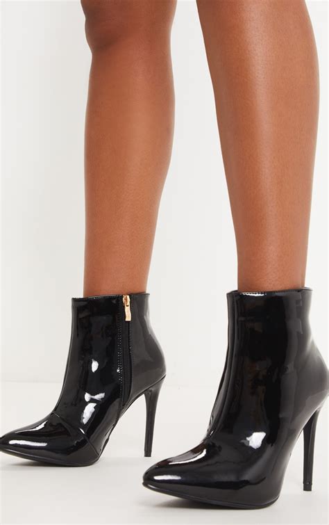 black patent point heel ankle boot shoes prettylittlething