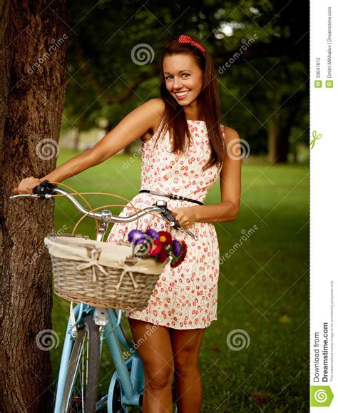 Retro Pinup Girl With Bike Stock Photo Image Of Elegant