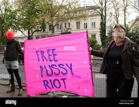 London Uk 23 04 12 Fans Of The Imprisoned Feminist Russian Punk Band Pussy Riot Holding Up A