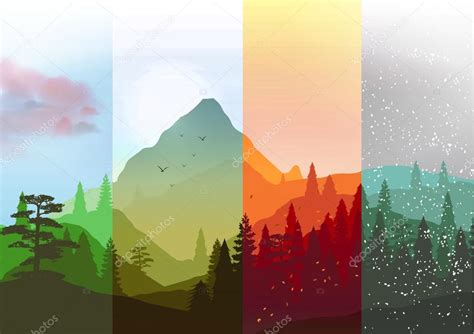 Bannières Four Seasons Avec Forêt Abstraite Et Montagnes Illustration
