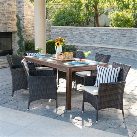 Cassius Outdoor 7 Piece Dining Set With Wood Table And Wicker Dining