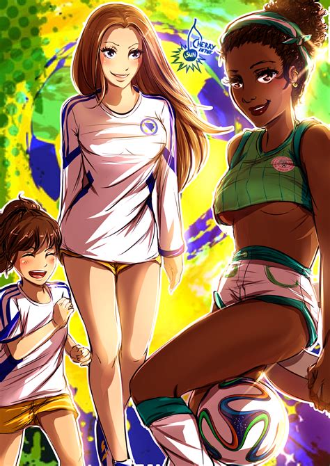 cherry in the sun 2014 fifa world cup original world cup highres 3girls ball blue eyes