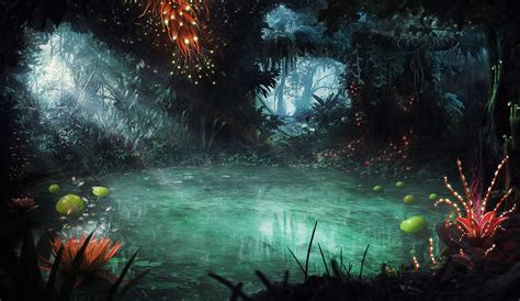 Mystical Pond Jungle Night Matte Painting Fantasy Art Landscapes