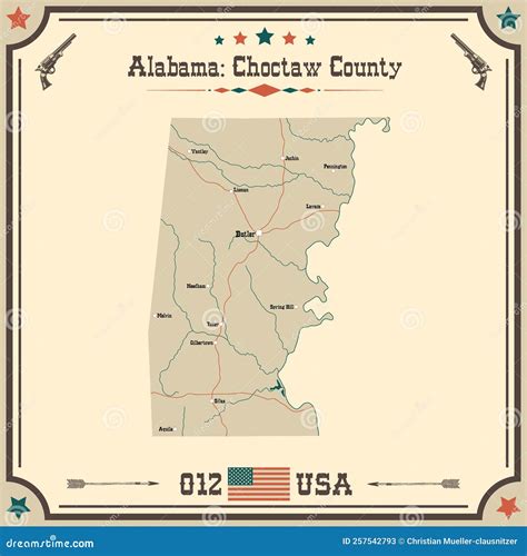 Vintage Map Of Choctaw County In Alabama Usa Stock Vector