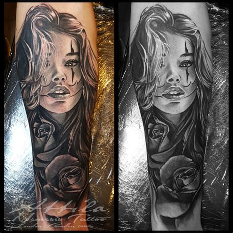 Clown Face Girl And Rose Half Sleeve Forearm Tattoo Instagram Nemesistattooattila Girl Face