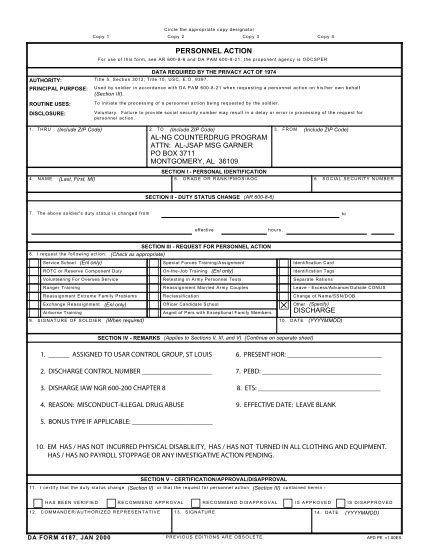 Fillable Da Form 4187 Jan 2000 Printable Forms Free Online