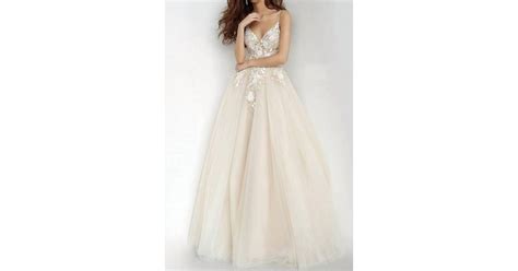 Jovani Plunging Neckline Flower Appliques Prom Gown In Natural Lyst