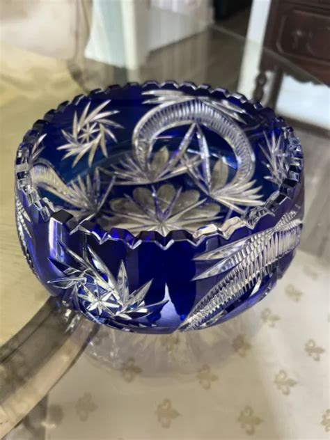 Cobalt Blue Cut To Clear Bohemian Czech Crystal Centerpiece Bowl Vase