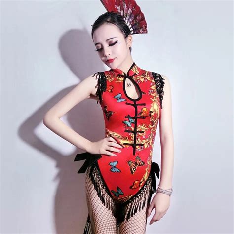 New Sexy Japan Bar Club Female Geisha Stage Wear Red Cheongsam Costume