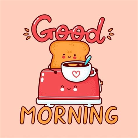 cute happy toast with coffee mug in toaster flat line cartoon kawaii character icon hand drawn