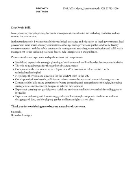 Waste Management Consultant Cover Letter Velvet Jobs
