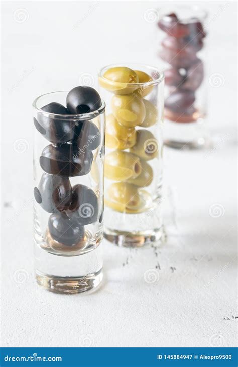 Assortment Of Three Species Of Olives In Glasses Stock Image Image Of
