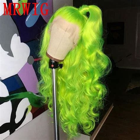 Shiny Green Long Curly Synthetic Glueless Front Lace Wig Brown Lace Cap