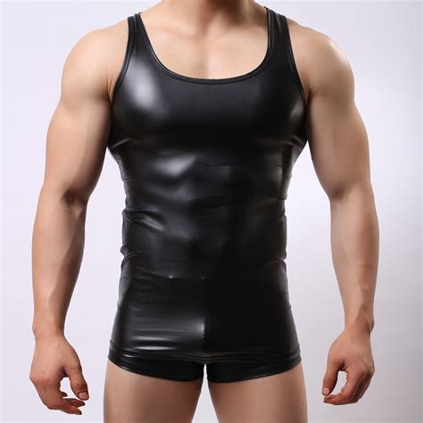 Sex Club Stage Costumes Mens Faux Leather Sports Elastic Vest Sexy
