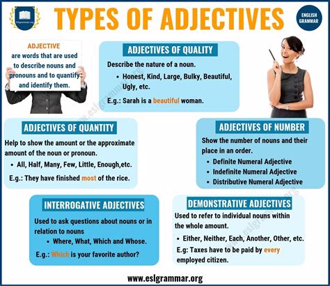Adjectives: 5 Types of Adjectives with Definition & Useful Examples - ESL Grammar | Adjectives ...