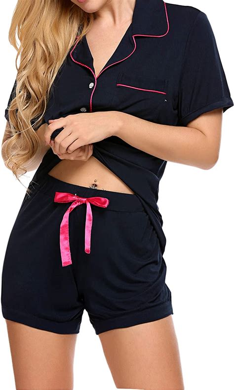 Ekouaer Pajamas Set Short Sleeve Sleepwear Womens Button Down Nightwear