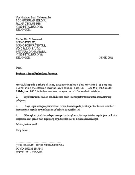Yb, surat perletakan jawatan sebagai pengerusi jkkk kg . Contoh Surat Perletakan Jawatan Setiausaha Persatuan