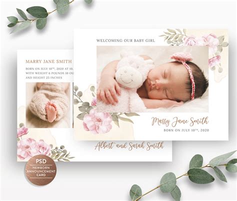 Birth Announcement For Canva And Photoshop Watercolor Floral Birth