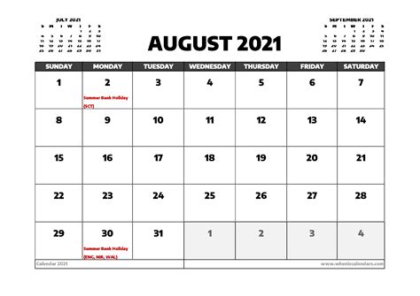 August 2021 Calendar Uk With Holidays 12 Templates
