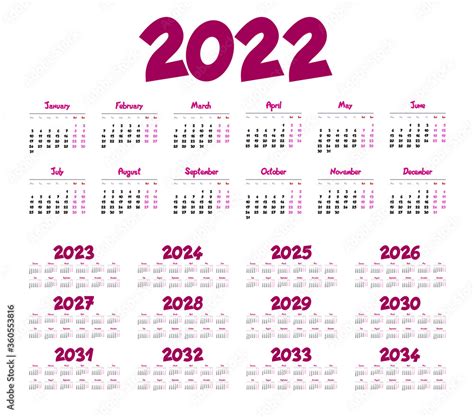 Simple Calendar 2022 2033 On White Background Vector Illustration