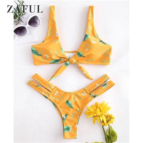 Zaful Tie Front Knot Bikini Set Leaf Swimwear Women Swimsuit Sexy Plunge Hollow Out Swimsuit Cut