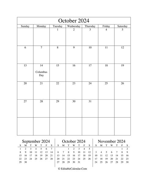 Editable Calendar For October 2024 Vector October 202