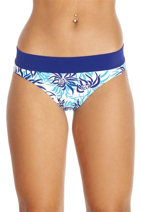 Blue Floral Leaf Print High Leg White Bikini Bottoms