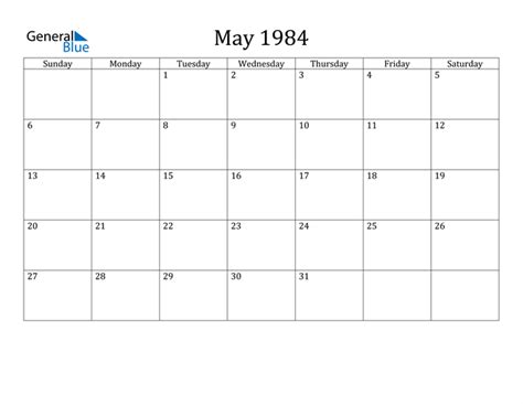May 1984 Calendar Pdf Word Excel