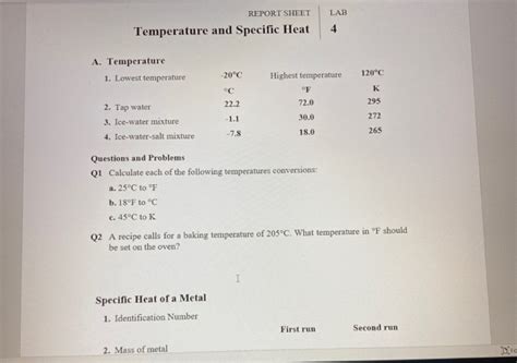 Temperature And Specific Heat Lab 4 Answers