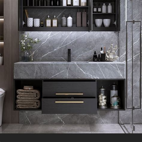35 Floating Black And Gray Bathroom Vanity With Stone Vessel Sink With 2