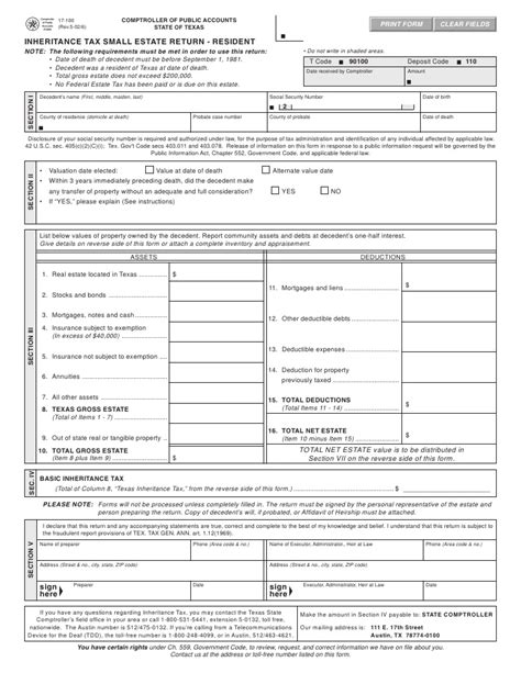 How is this money taxed? Texas Inheritance Tax Forms-17-100 Small Estate Return - Resident