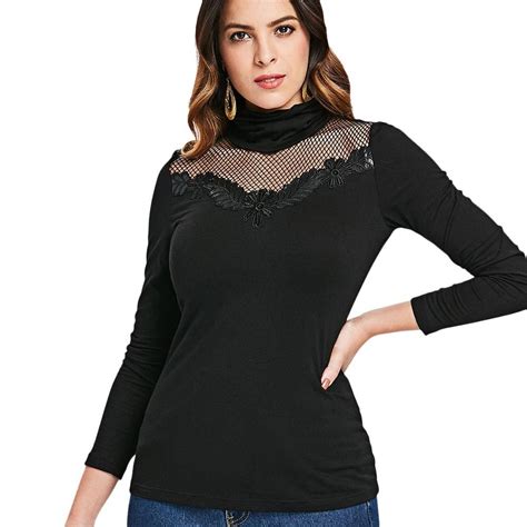 T Shirt Womens Mesh Panel Blouse Long Sleeves Turtleneck Long