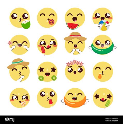 Emoji Kawaii Verano Emoticono Vector Conjunto Chibi Emojis En