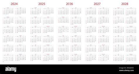 Сalendar Set For 2024 2028 Years Week Start Monday Vector Planner