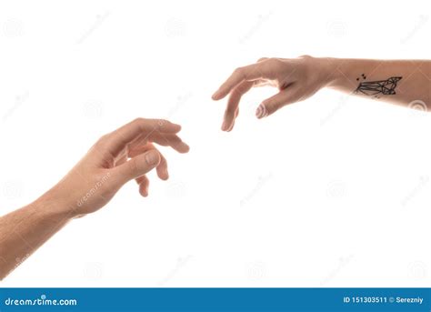 Male And Female Hands Reaching Out To Each Other On White Background
