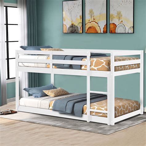 Solid Wood Low Bunk Bed For Kids Twin Over Twin Floor Bunk Bed With