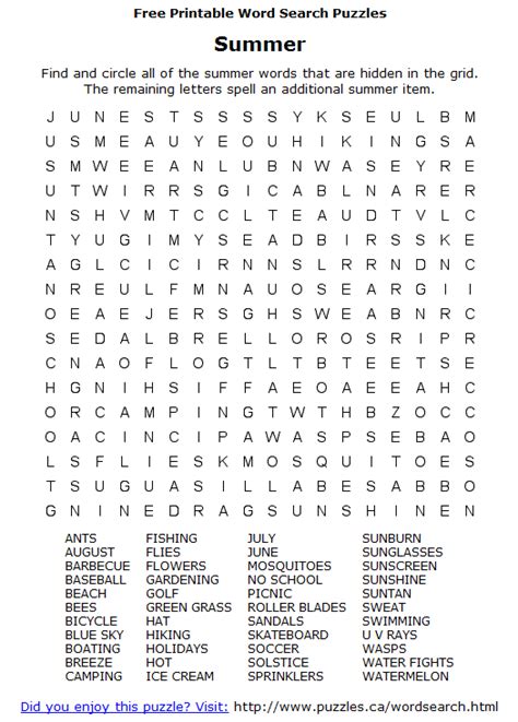 Printable Summer Word Search Large Print