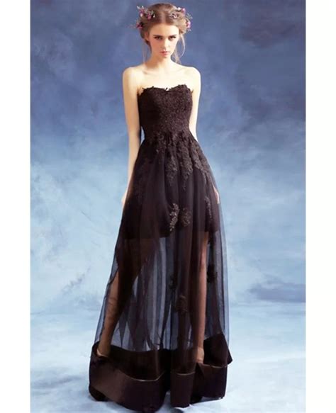 Strapless Black Long Lace Party Dress With Sheer Tulle Skirt Wholesale T69608