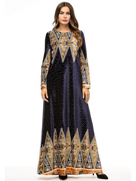 2018 Muslim Women Long Sleeves Velvet Printing Dubai Gown Dress Maxi