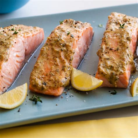 Salmon poached in white wine rather than submerging the salmon into a poaching liquid, we rest it on a bed of shallots, parsley, and dill. Broiled Salmon with Herb Mustard Glaze | Recipe in 2020 | Broiled salmon, Broiled salmon recipes ...