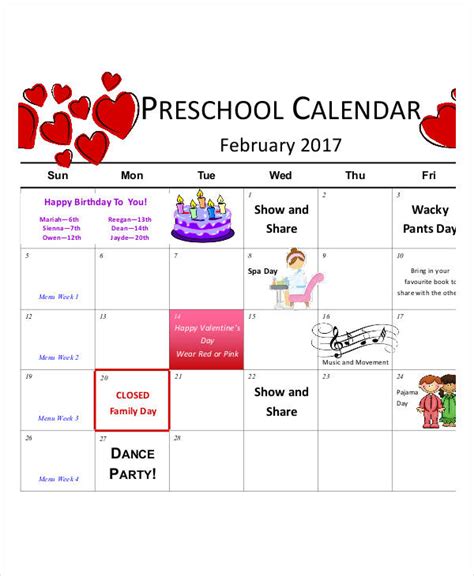 Preschool Calendar Template Printables