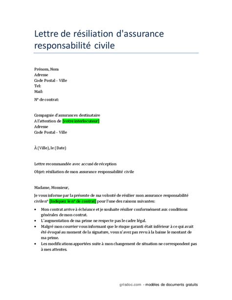 Lettre de résiliation d assurance responsabilité civile DOC PDF