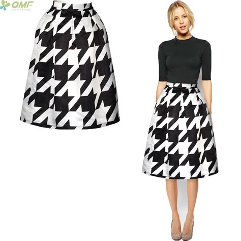 Classic Houndstooth Pattern Midi Skirts A Line Vintage Fashion Women